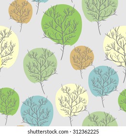 Trees seamless pattern. Wood with colored foliage. Vintage retro fabric background. Vector ornament
