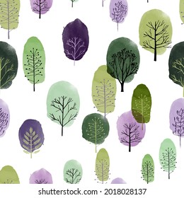 Trees seamless vector pattern. Watercolor illustration.