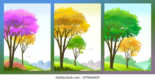 Trees in the season of Autumn. Garden of meadows and bushes.