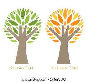 Trees season concept. Spring and autumn colors of leaves. Vector illustration