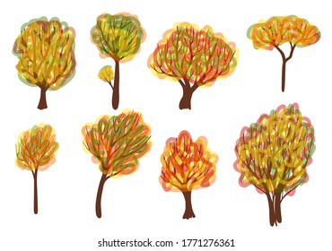 Trees and seasons. Hand-drawn vector illustration of graceful trees. 
multi-colored autumn trees.