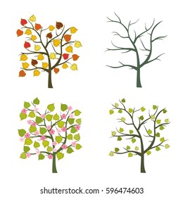 Trees seasons vector set. Collection of trees season autumn, winter, spring, summer. Cartoon trees