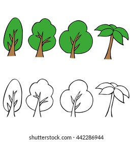 trees set in cartoon style. Drawn by hand.