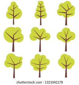 Trees, a set of cartoon trees. Vector illustration of nine green trees.