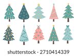 Сhristmas trees set. Cute pastel decorated Christmas trees with baubles and garlands. Nursery art Scandinavian style.