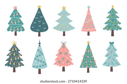Сconjunto de árboles de Navidad. Lindos árboles de Navidad decorados en pastel con adornos y guirnaldas. Arte infantil de estilo escandinavo.