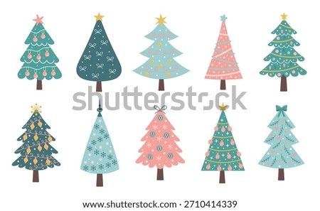 Сhristmas trees set. Cute pastel decorated Christmas trees with baubles and garlands. Nursery art Scandinavian style.