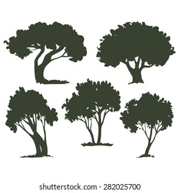 Trees, a set of dark silhouettes.