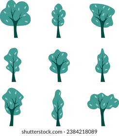 Trees, set of designer original trees isolated on a white background. Vector illustration of green trees. Vector.
