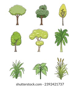 ensemble d'arbres image vectorielle di-cut 2 dimensions version 2 bananier bois bois style bande dessinée
