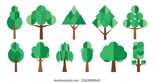 Trees set in a flat design. Vector icons logos white background