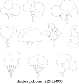 Trees set, flat vector doodle illustration. Template for creating landscape summer design solutions, children's coloring.
