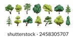 Trees set. Forest foliage plants. Lush leaf canopy of deciduous and coniferous. Summer wood. Green leafy crowns and trunks. Botanical natural flat vector illustration isolated on white background