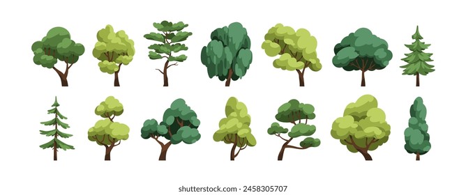 Trees set. Forest foliage plants. Lush leaf canopy of deciduous and coniferous. Summer wood. Green leafy crowns and trunks. Botanical natural flat vector illustration isolated on white background