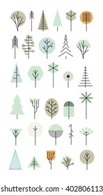 Trees Set. Geometric Shapes. Line Abstract Design. Vector Illustration.