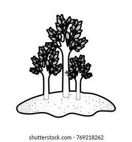 trees set in grassland in black silhouette with thick contour