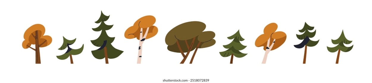 Trees set. Pine, fir and leaf forest plants. Autumn fall wood collection, deciduous foliage and conifer species. Woodland collection. Botanical flat vector illustration isolated on white background