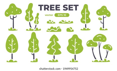 Bäume setzen. Pflanzen einzeln. Waldhintergrund. Grüne Farbe. Einfaches niedliches Cartoon-Design. Flache Vektorgrafik. Natur und gesunder Lebensstil. Baumsilhouette. Symbolsammlung.