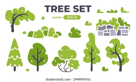 Árboles. Plantas aisladas. Fondo forestal. Color verde. Simple diseño de dibujos animados. Ilustración vectorial de estilo plano. Naturaleza y estilo de vida saludable. Silhouette de árbol. Colección de iconos.