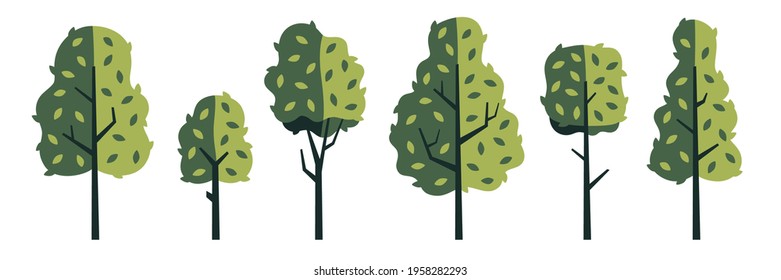 Árboles. Plantas aisladas. Fondo forestal. Color verde. Simple diseño de dibujos animados. Ilustración vectorial de estilo plano. Naturaleza y estilo de vida saludable. Silhouette de árbol. Colección de iconos.