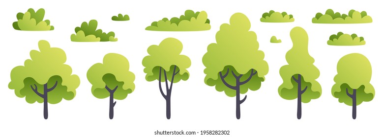 Trees set. Plants isolated. Forest background. Green color. Simple cute cartoon design. Flat style vector illustration. Nature and healthy lifestyle. Tree silhouette. Icons collection.