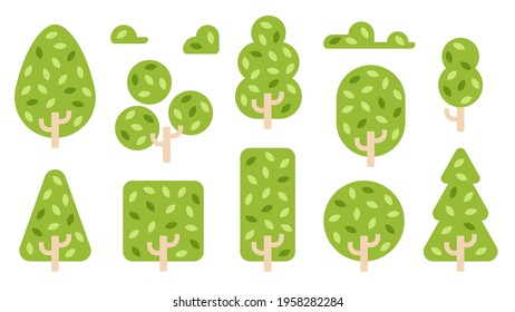 Trees set. Plants isolated. Simple geometric shapes. Forest background. Green color. Simple cute cartoon design. Flat style vector illustration. Healthy lifestyle. Tree silhouette. Icons collection.