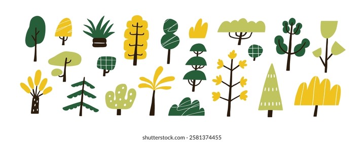 Trees set in Scandinavian kids style. Abstract botanical design elements with leaves, branches and trunks. Doodle naive forest plants. Scandi flat vector illustration isolated on white background