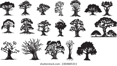 Trees set silhouette. Coniferous forest. Isolated tree on white background.