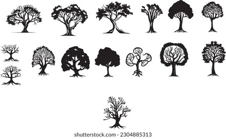 Los árboles ponen silueta. Bosque de coníferas. Árbol aislado sobre fondo blanco.