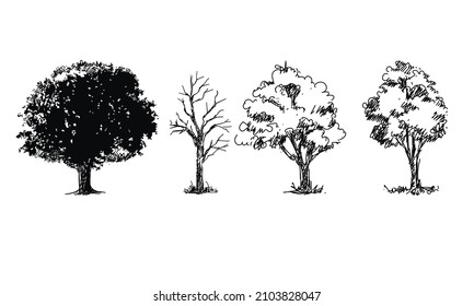 Bäume setzen Silhouette auf weißem Hintergrund.