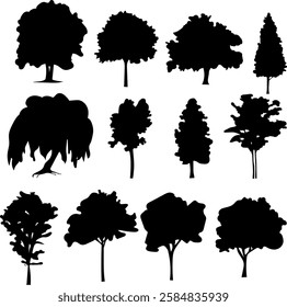 trees set silhouette on white background vector