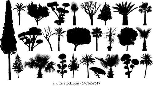 Trees set silhouette vector. Collection of plants and bushes. Isolated on a white background