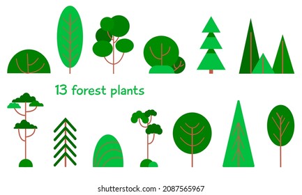 Trees set vector flat style. Different shapes and sizes. Isolated elements. Simple forest collection icons. Park and outdoors design set.