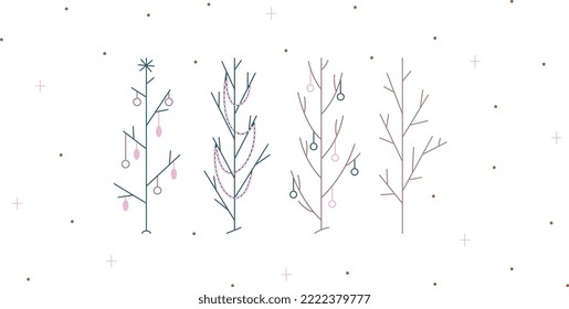Сhristmas trees set, vector, simple flat illustration, cute, minimalism, line art, blue, brown