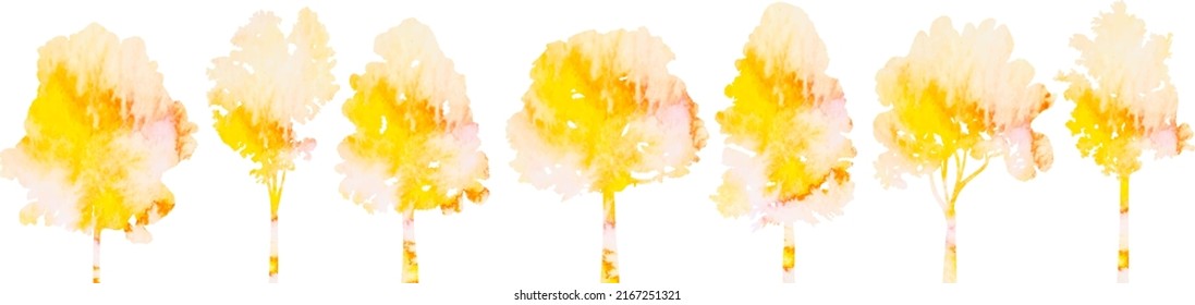 trees set watercolor autumn silhouette on white background