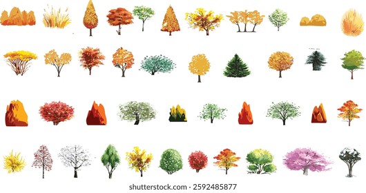 trees set watercolor illustration, hand drawn for architecture or decorative