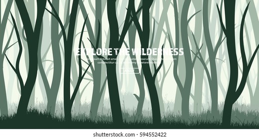 Trees set. Wild pine forest, nature background. Wood.Vector illustration.Banner. Dark green tree. Landscape.Grass,meadow.