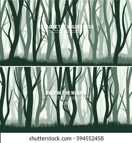 Trees set. Wild pine forest, nature background. Wood.Vector illustration.Banner. Dark green tree. Landscape.Grass,meadow.
