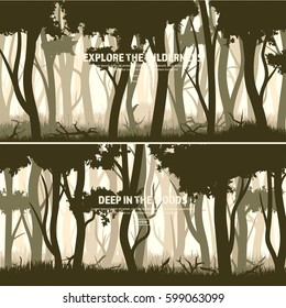 Trees set. Wild pine forest, nature background. Wood.Vector illustration.Banner. Dark green tree. Landscape.Grass,meadow.