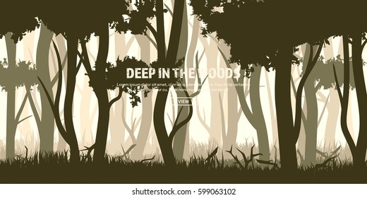 Trees set. Wild pine forest, nature background. Wood.Vector illustration.Banner. Dark green tree. Landscape.Grass,meadow.