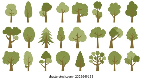 Trees in shades of green. Collection of illustrations of trees. Wood for every taste. Abstraction of trees. EPS 10.
