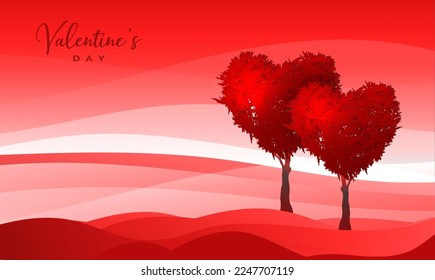 Trees in the shape of red heart, valentines day background, vector fantasy landscape, couple of trees symbol of love banner template