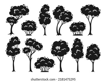 Trees and shrub cartoon silhouette set. Abstract engraved evergreen stylized plant botanical collection, nature shape bush. Deciduous tree with leaves and lush crowns. Green park, forest stamp vector