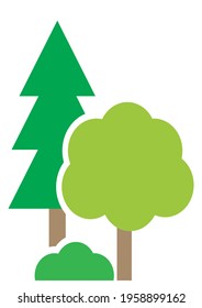Trees and shrub, deciduous and coniferous tree,  green vector illustration. Concept for park maintenance.
