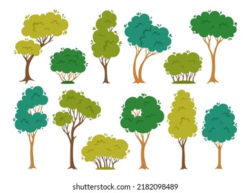 Trees and shrub flat cartoon set. Abstract evergreen stylized plant botanical collection, nature eco bush. Deciduous tree with leaves and lush crowns. Green park, forest landscape vector illustration