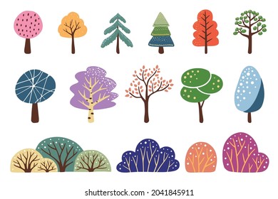 Trees And Shrubs Cute Colorful Cartoon Vector Illustration Of Hand Drawn