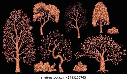 Trees and shrubs. Design set. Editable hand drawn illustration. Vector vintage engraving. Isolated on black background. 8 EPS