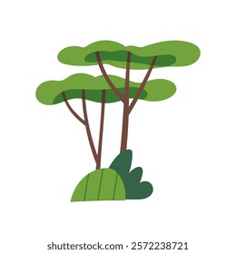 Trees and shrubs. Green forest plants, deciduous leaf crown on trunks and bushes. Greenery, decorative design element for nature, environment. Flat vector illustration isolated on white background