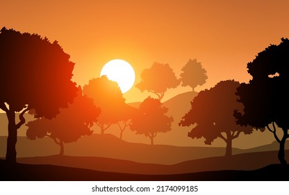 trees silhouette on orange sky sunset