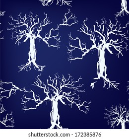 Trees silhouette seamless pattern on blue background